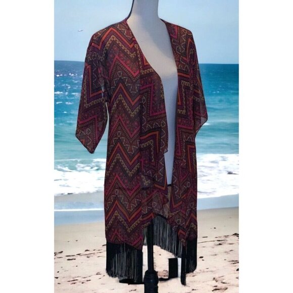 LuLaRoe Womens Geometric Kimono Cardigan Size S Tassel Hem Multicolor - Picture 1 of 15